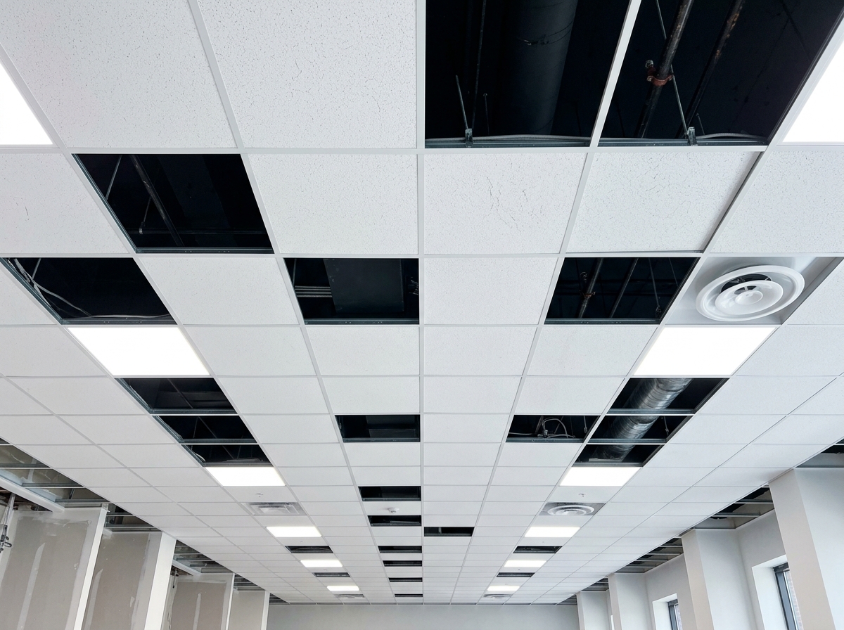 Suspended acoustical ceiling grid and tile