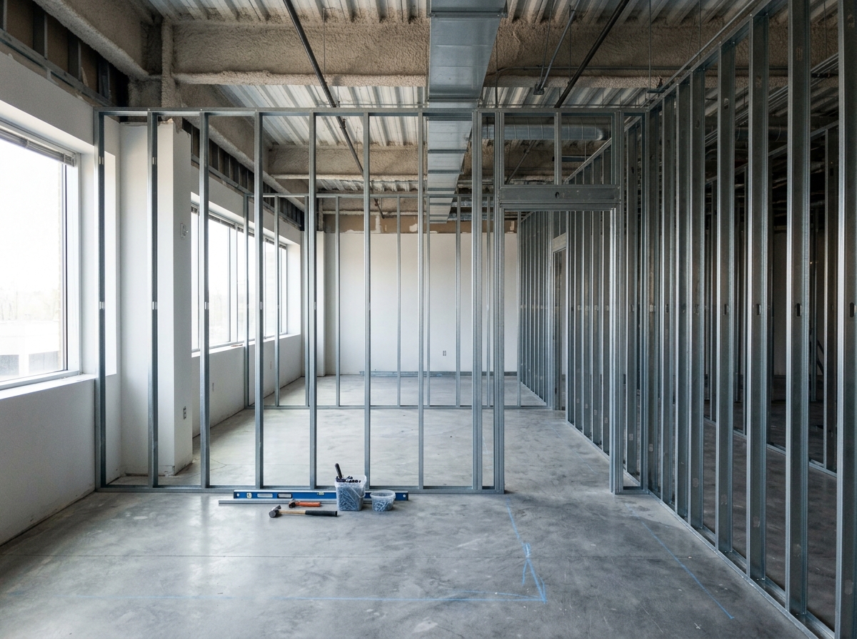 Metal-stud framing and partitions in a commercial interior